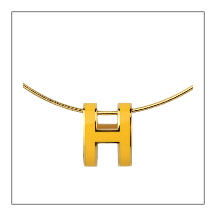 hermes/爱马仕 鹅蛋黄色珐琅椭圆h金色项链 挂坠