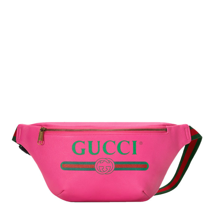 gucci/古驰 女士粉色牛皮gucci印花腰包 胸前斜挎包 493869