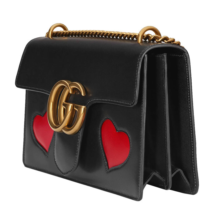 gucci/古驰 女士黑色牛皮双红心gg marmont 单肩包 手提包