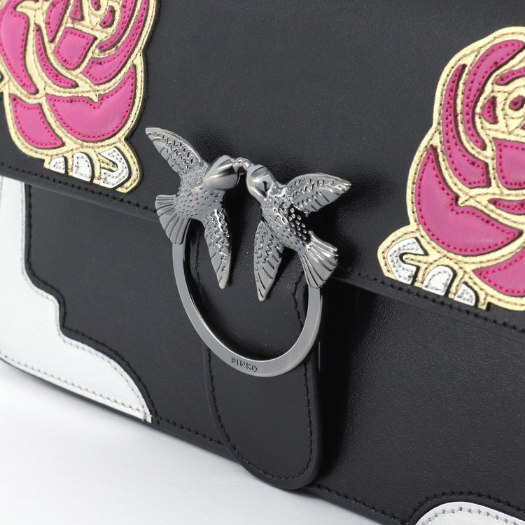 pinko/品高 女士经典时尚双飞燕玫瑰图案黑色皮质单肩包 燕子包pk0005