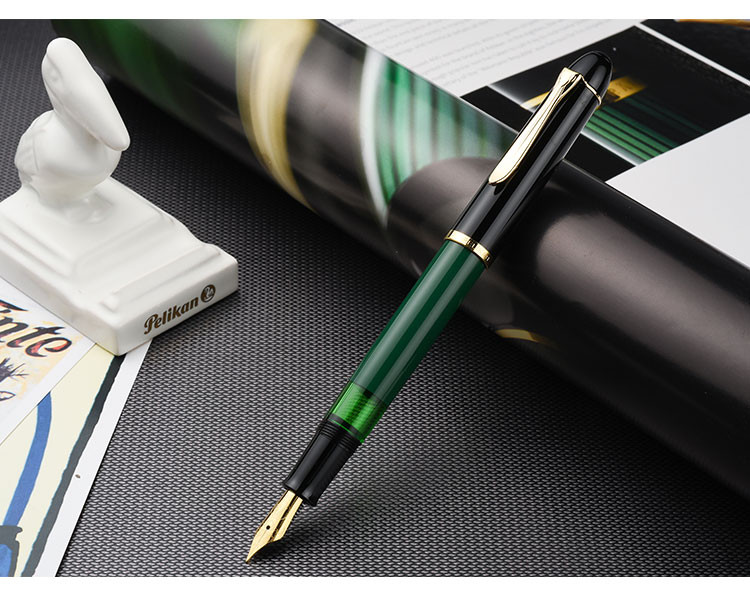 pelikan百利金 m120黑绿树脂笔杆 镀金雕花尖钢笔 复刻版 墨水套装