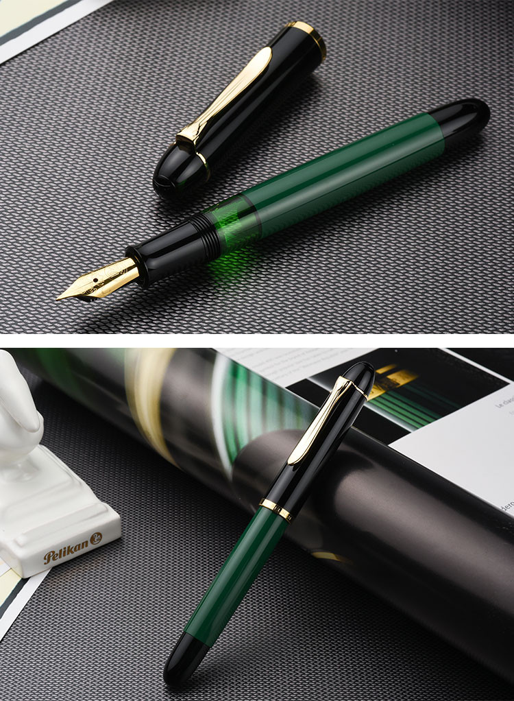 pelikan百利金 m120黑绿树脂笔杆 镀金雕花尖钢笔 复