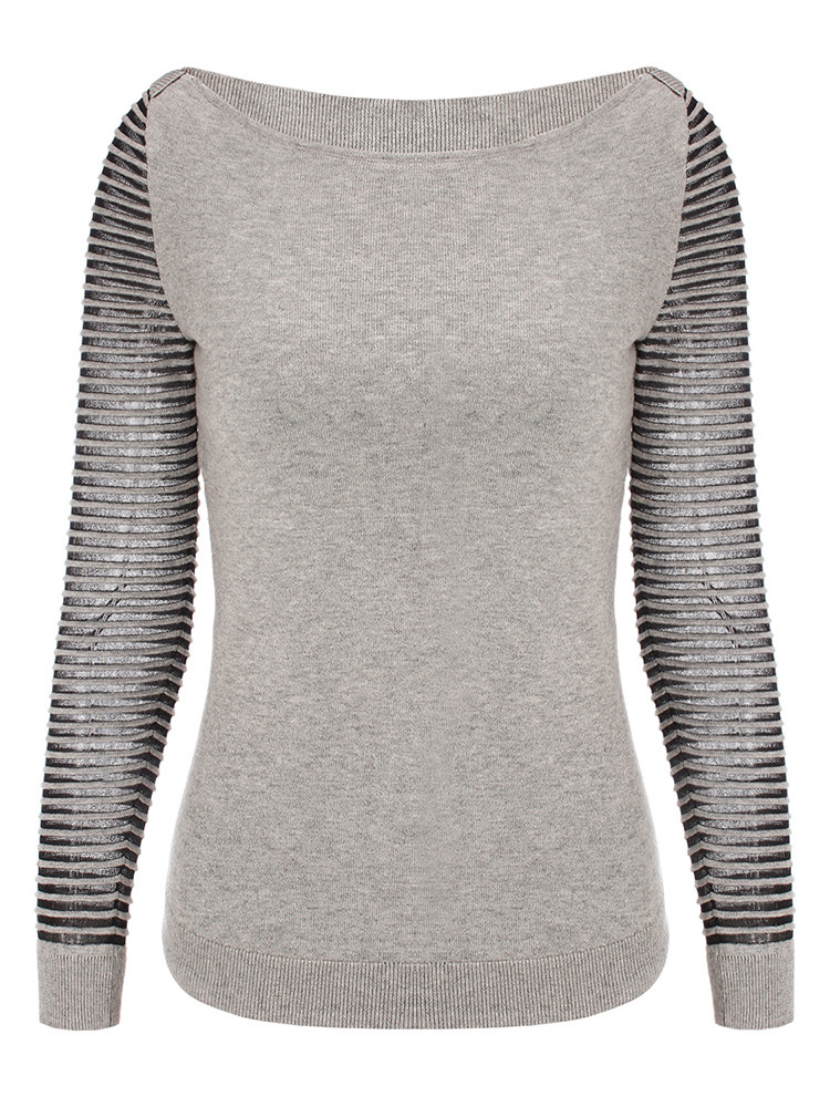 女士针织衫/毛衣-女士灰黑条纹针织衫79棉13粘胶纤维4山羊绒4聚酯纤维