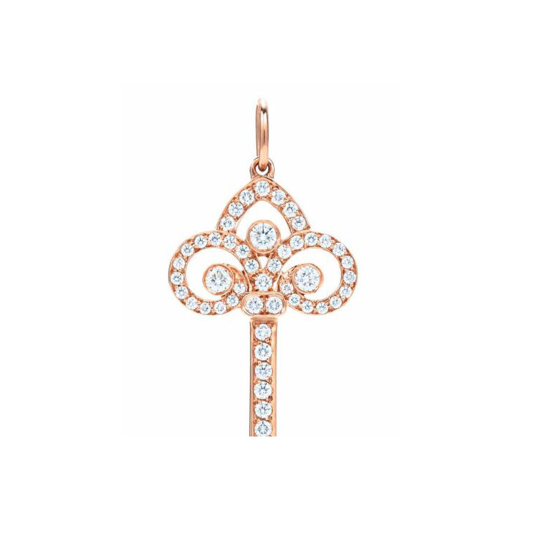 蒂芙尼 keys 鸢尾花形钥匙玫瑰色18k金镶钻吊坠项链