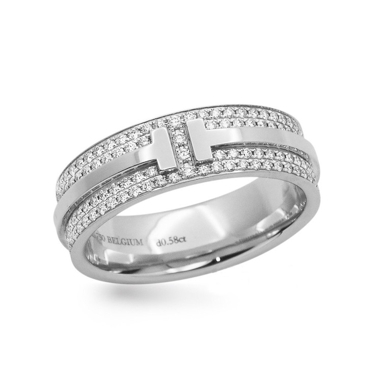 tiffany & co./蒂芙尼 t系列宽版18k金镶钻t two戒指