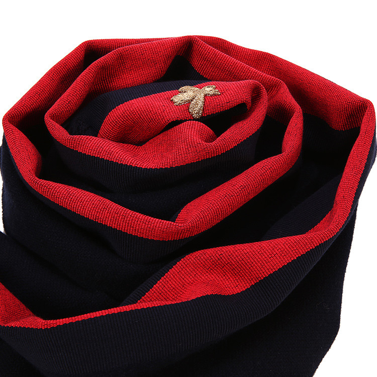 gucci(古驰) #深蓝色蜜蜂刺绣羊毛混纺围巾 37*180cm