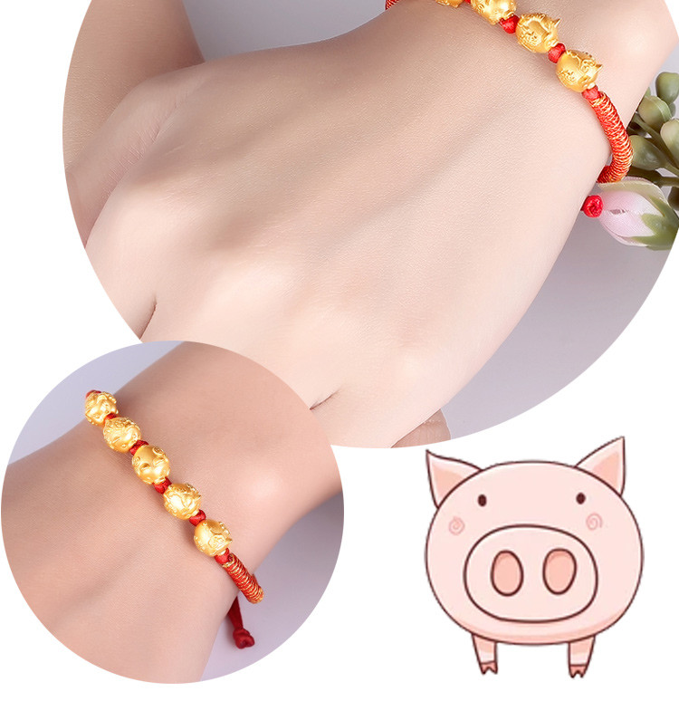 bfn/芭法娜 五福猪 3d硬金足金本命年生肖猪手工编织祈福转运珠手链