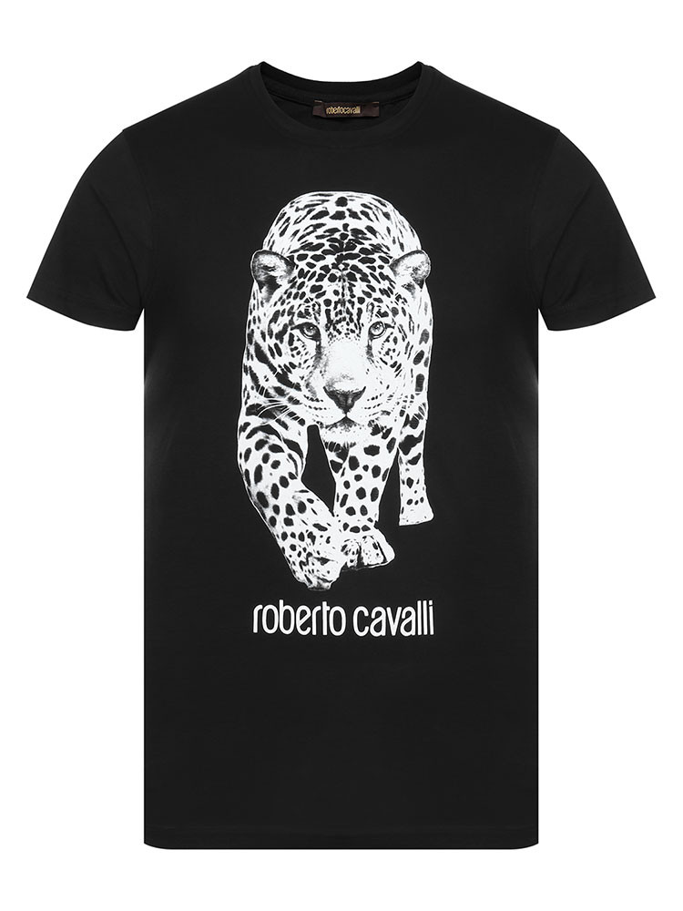 roberto cavalli/罗伯图 卡维里 纯棉黑色圆领豹子图案男士短袖t恤