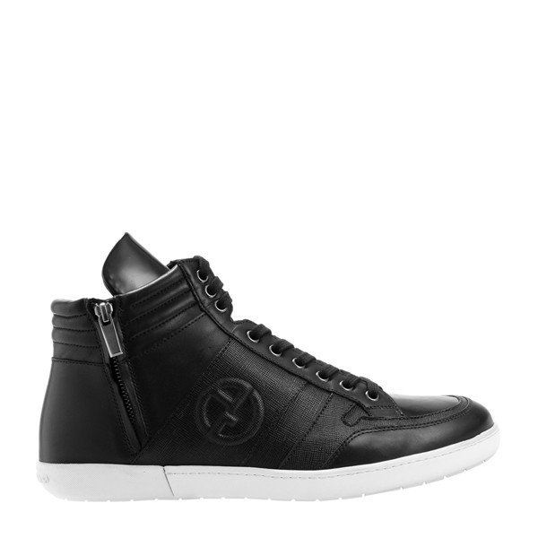 giorgio armani/乔治阿玛尼 牛皮 高帮 系带 男士黑色休闲运动鞋