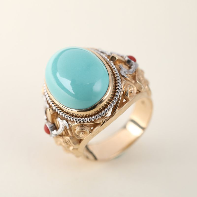 zhangs textiles/绣花张 18k金镶嵌精品原矿绿松石男士戒指【北京