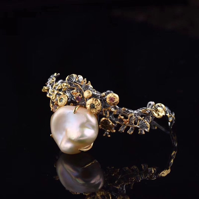 zhangs textiles/绣花张 s925银镶嵌 巴洛克异形珍珠手镯