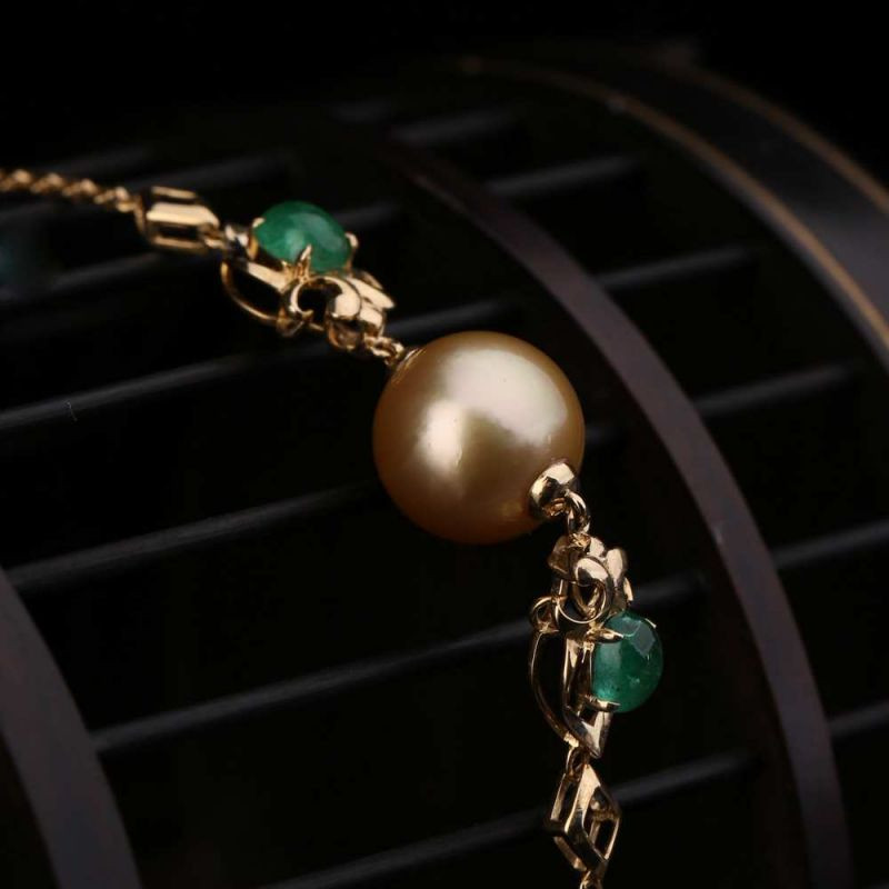 zhangs textiles/绣花张 18k金镶嵌祖母绿珍珠手链