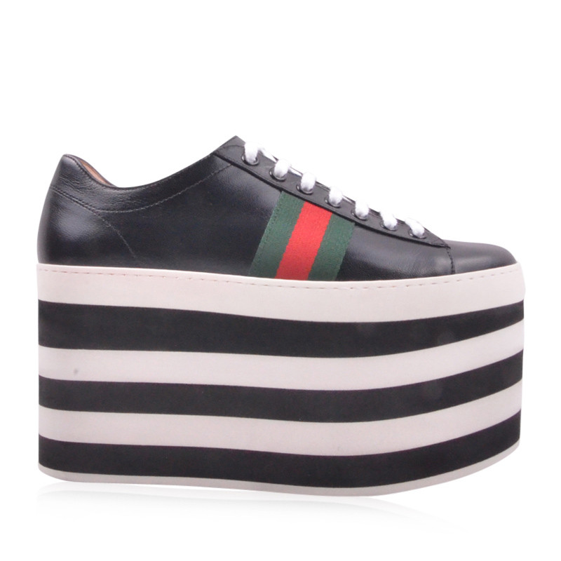 gucci/古驰 女士牛皮圆头厚底系带增高条纹松糕鞋452312