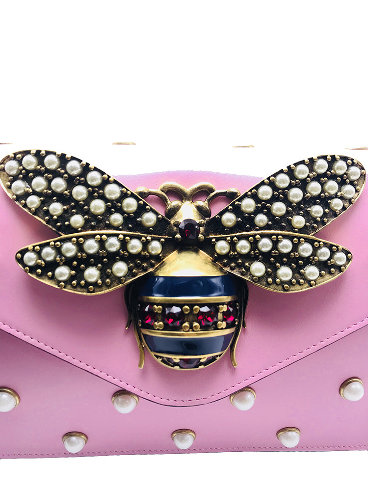 gucci/古驰 女士粉色蜜蜂珍珠牛皮单肩斜挎包(已使用 a级)