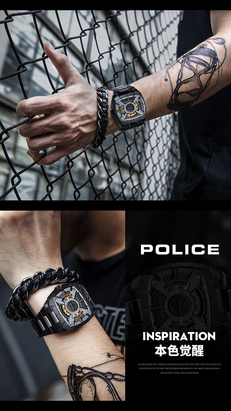 police/警察手表男方形运动特种兵时尚防水石英表男士大表盘表pl.