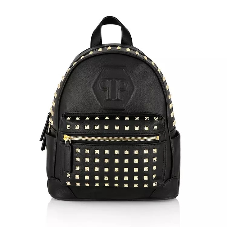 philipp plein/菲利普·普兰 黑色皮革铆钉装饰双肩包p