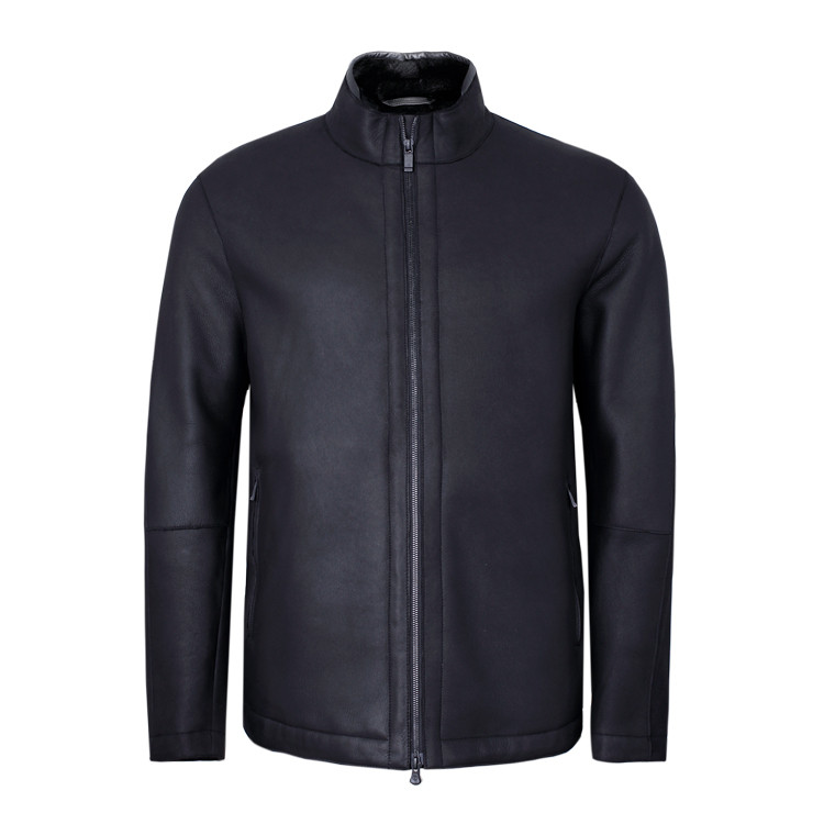 z zegna/z zegna杰尼亚zz商务休闲系列适中版原皮原毛羊皮革立领黑色