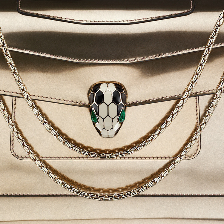 bvlgari/宝格丽 优雅女士白玛瑙色小牛皮蛇头双链单肩包/手提包/斜