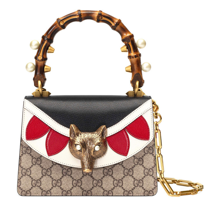 gucci/古驰 竹节狐狸头细节修饰优雅女士手提单肩包 帆布/配皮