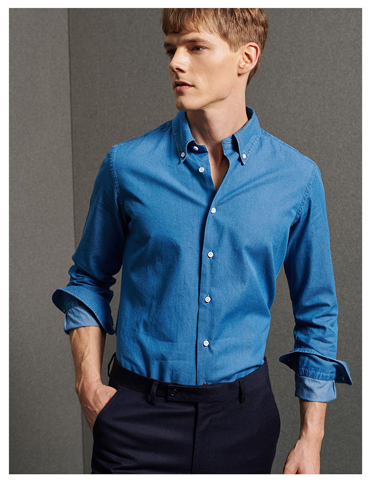 by creations/柏品 意大利男士复古蓝纽扣领牛仔休闲衬衫修身纯棉衬衣