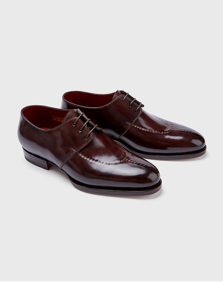 柏品 联合santoni 意大利制造 男士牛皮革手工擦色固特异工艺德比鞋