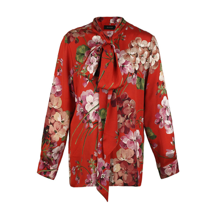 gucci/古驰 春夏红色真丝系带长袖花朵印花女士衬衫gu2620540072