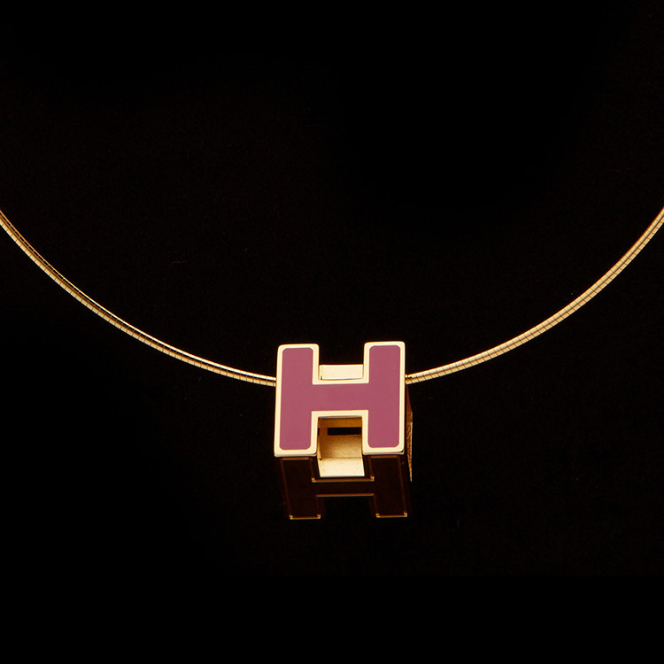 hermes/爱马仕 香芋紫色珐琅h方形金色项链