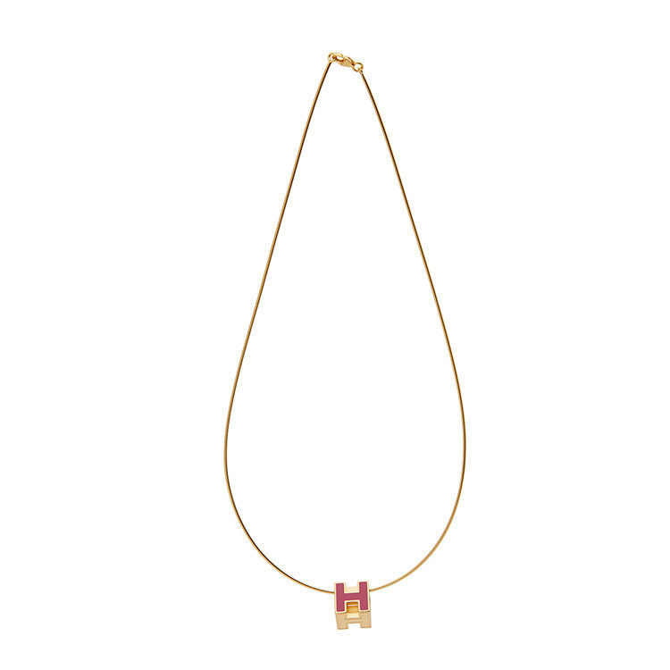 hermes/爱马仕 香芋紫色珐琅h方形金色项链