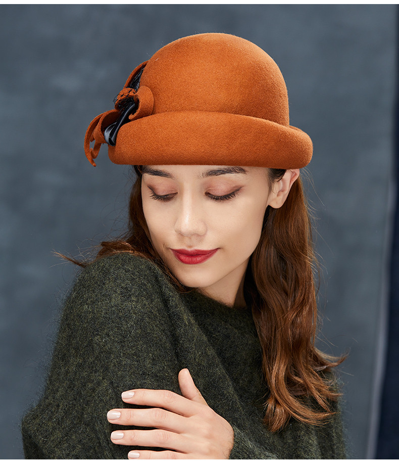 全羊毛纯色帽子女冬保暖毛呢帽优雅时尚蓓蕾帽卷边英伦毛毡帽