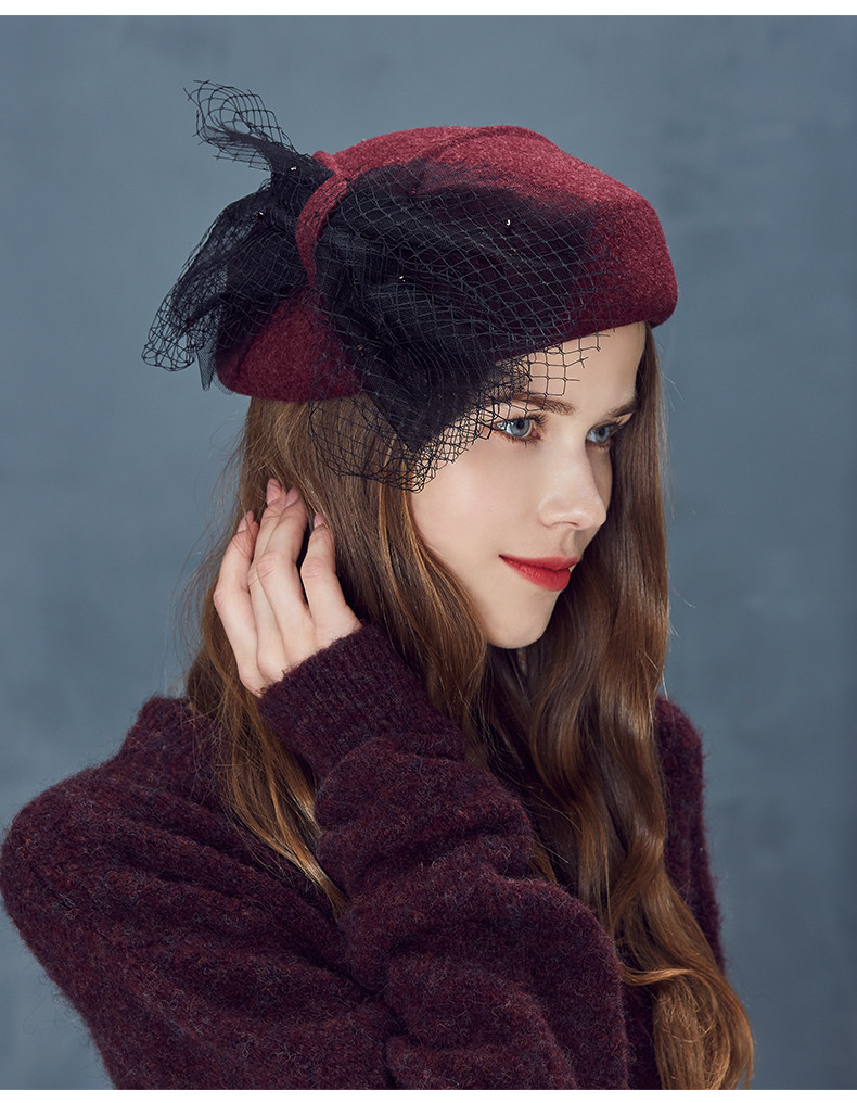 羊毛复古礼帽女春秋英伦网纱名媛南瓜帽呢子毡帽画家贝雷帽