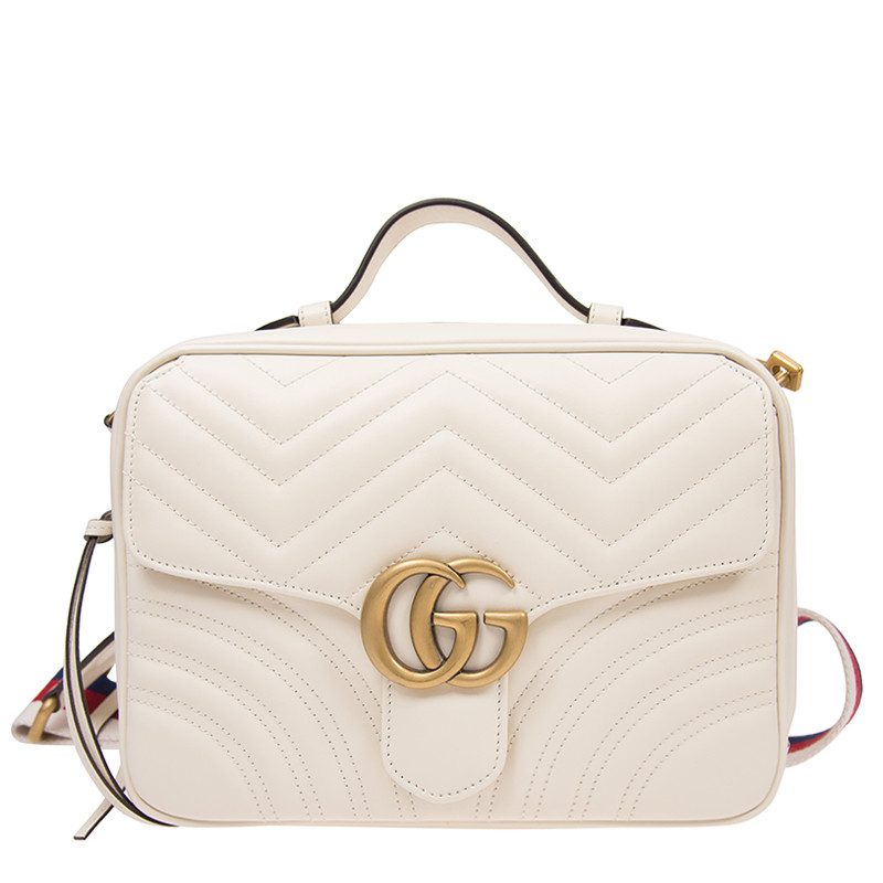 gucci/古驰 女包 gg marmont 女士双g绗缝斜纹翻盖单肩包斜挎包 白色