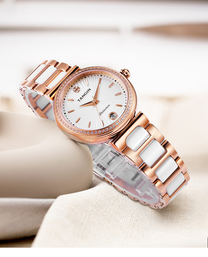 tangin/天珺智雅系列玫瑰金陶瓷钢带时尚防水女士石英表t1029lhwfca