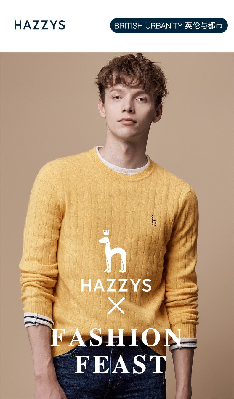 hazzys/哈吉斯秋装新款羊毛衫男士针织衫/毛衣圆领舒适简约毛衫abyzd