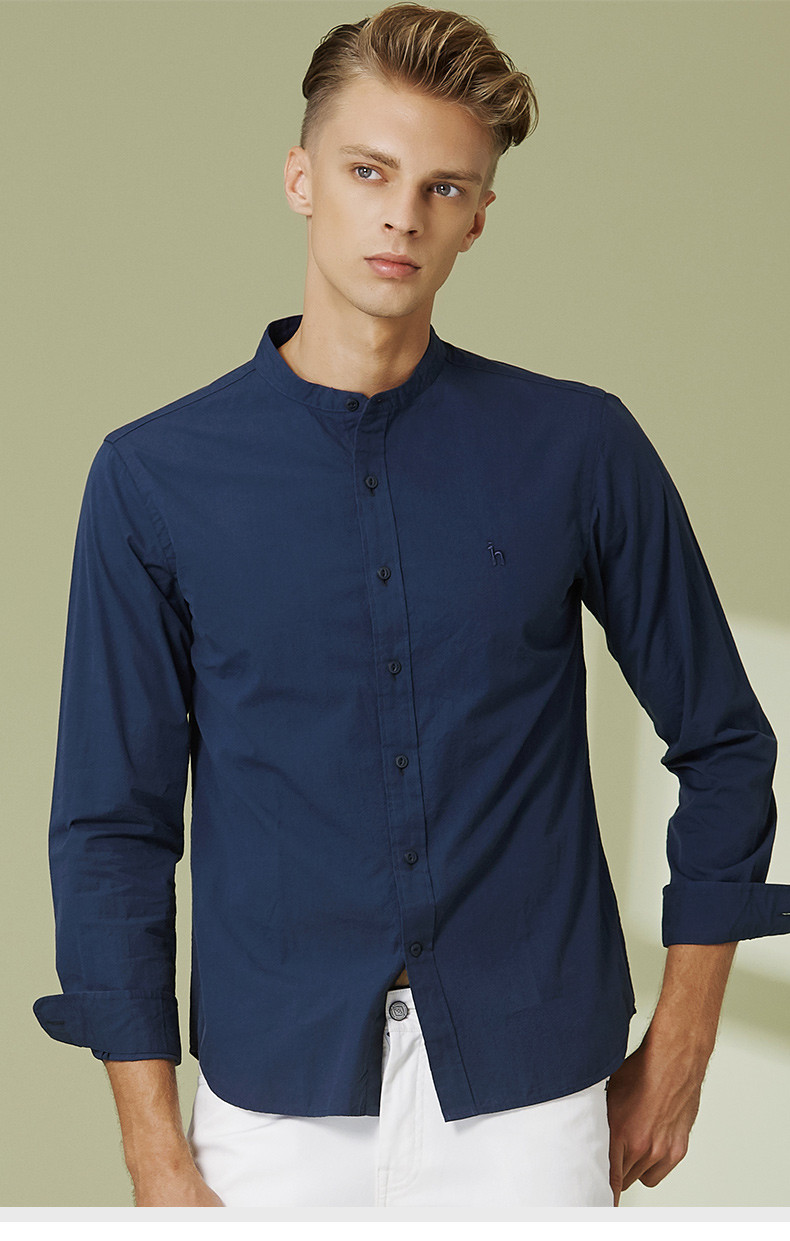 hazzys/哈吉斯 19春夏新款长袖衬衫男士长袖衬衫简约纯色商务休闲衬衫