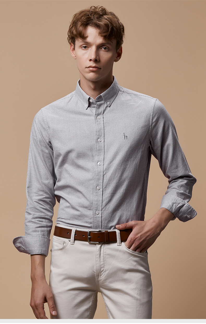 hazzys/哈吉斯 秋季新款男士长袖衬衫迷你千鸟格时尚简约休闲衬衫asc