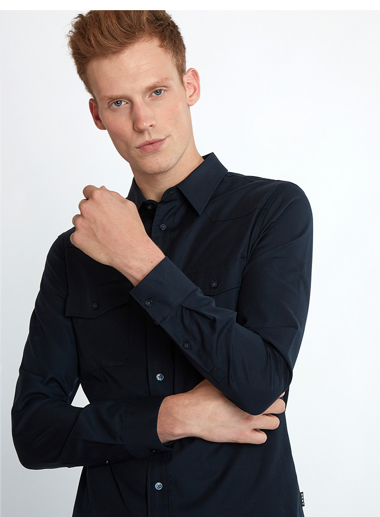 dkny/唐娜 凯伦2018秋季新品男士长袖衬衫纯色商务休闲翻领男士衬衫g