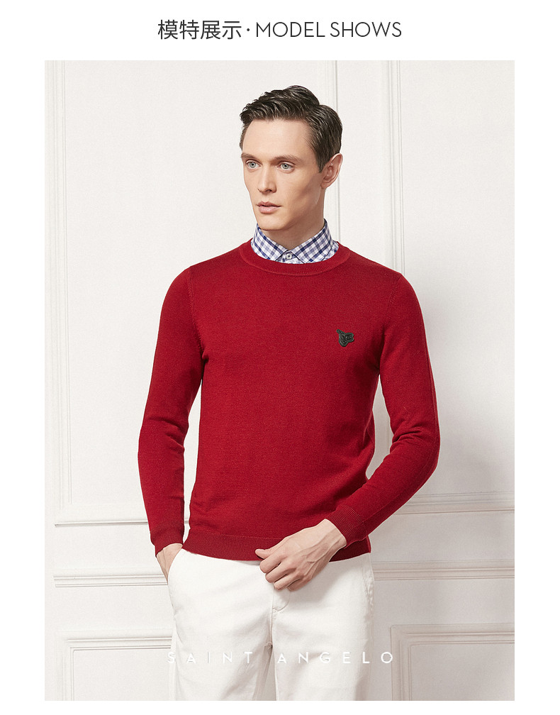 saint angelo/报喜鸟秋季男式都市休闲羊毛衫 圆领羊毛套头徽章保暖