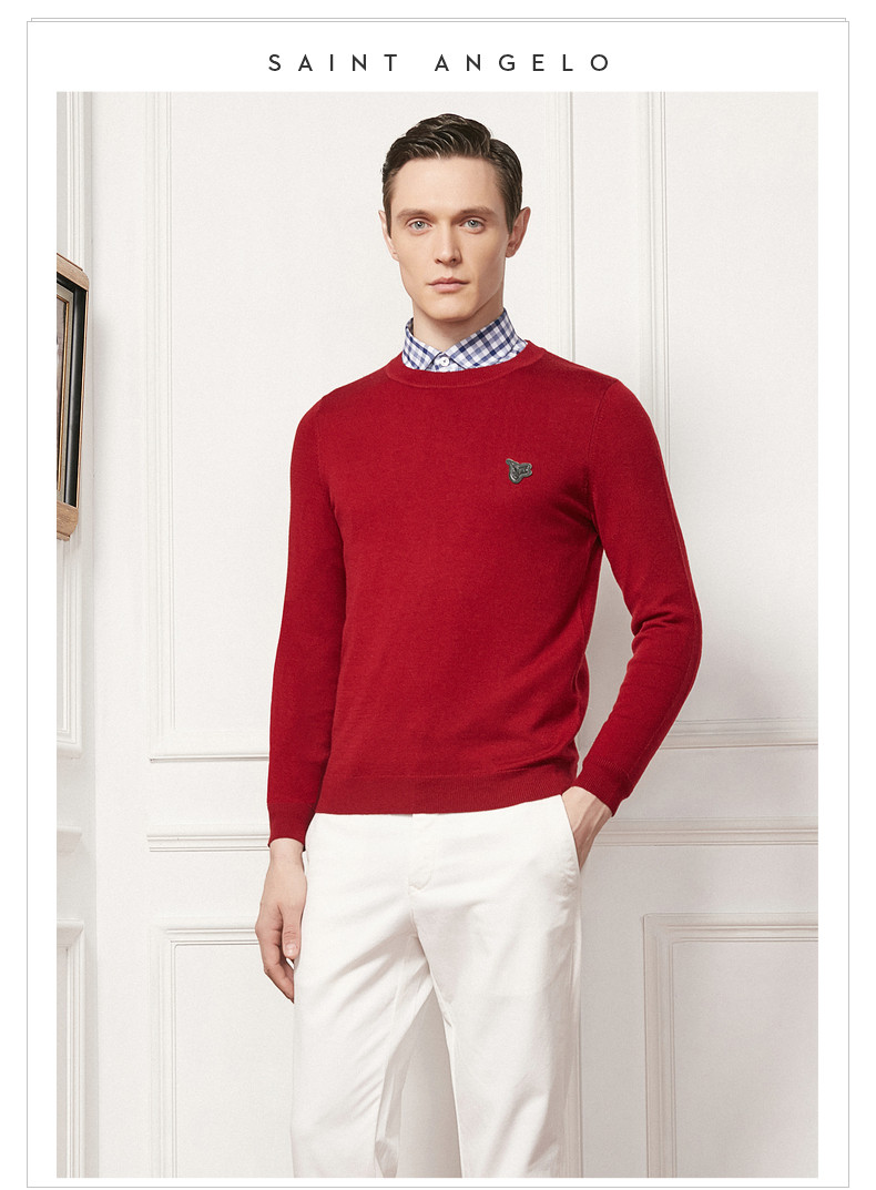 saint angelo/报喜鸟秋季男式都市休闲羊毛衫 圆领羊毛套头徽章保暖