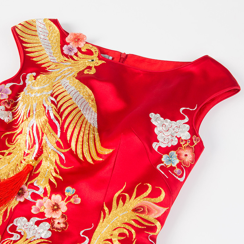 merisis/茧迹 【全定制】重磅真丝刺绣金色凤凰长礼服 女装定制 红色