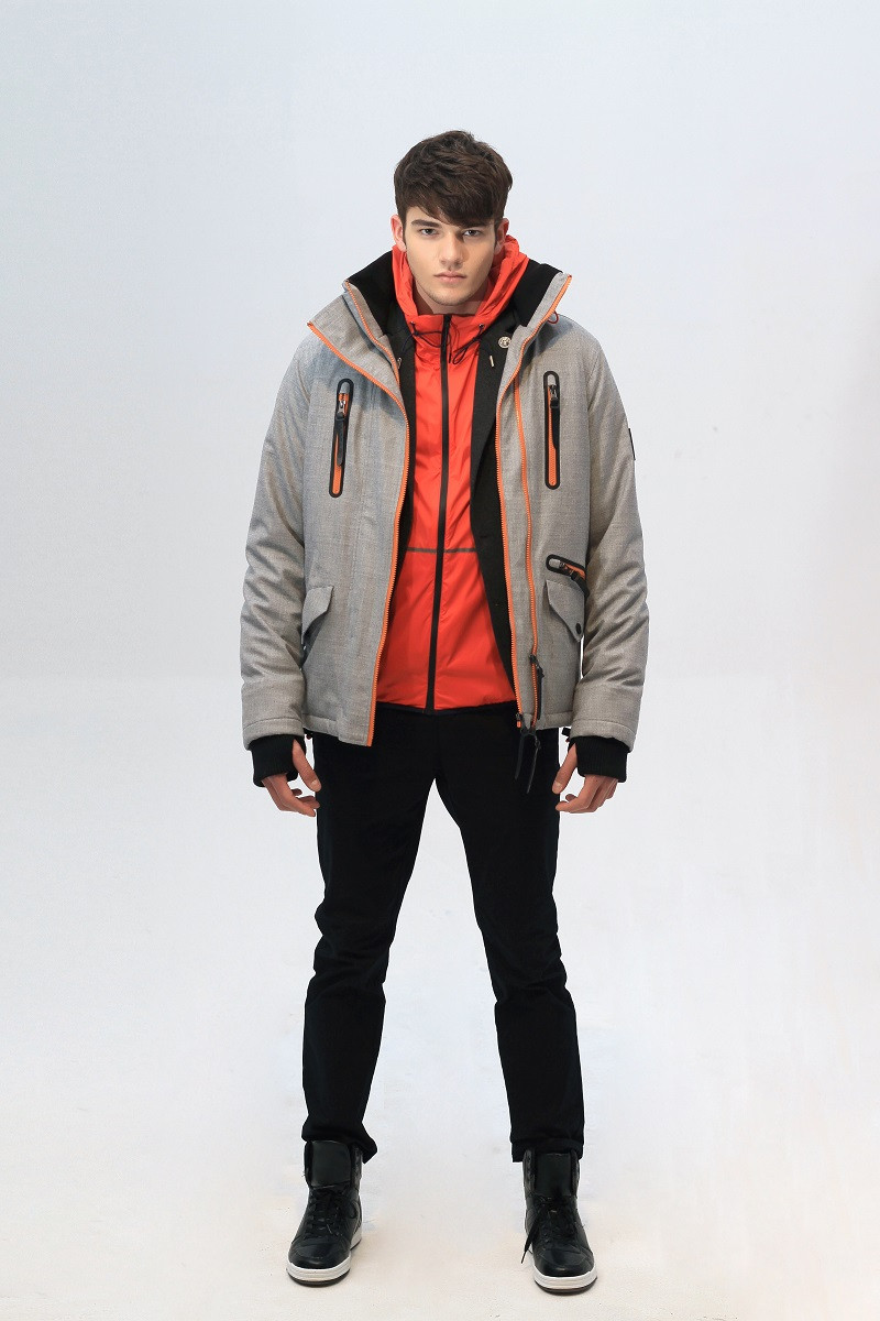 ricolee/ricolee18秋冬新品男士夹克花灰色羊毛复合可脱卸连帽拉链