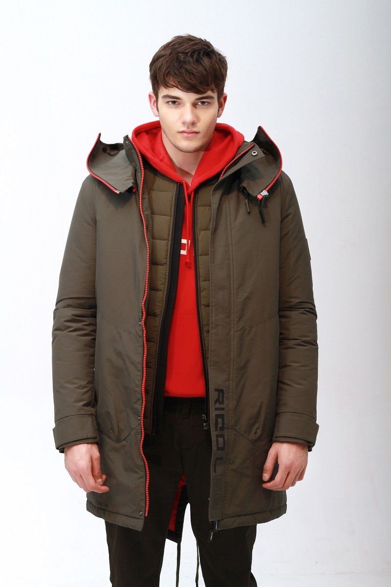 ricolee/ricolee18秋冬新品男士夹克军绿色可脱卸连帽内绗棉中长男士