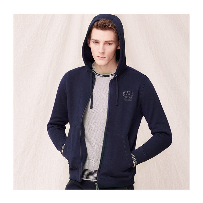 guy laroche/姬龙雪绣花logo男卫衣潮牌连帽拉链外套简约百搭运动休闲
