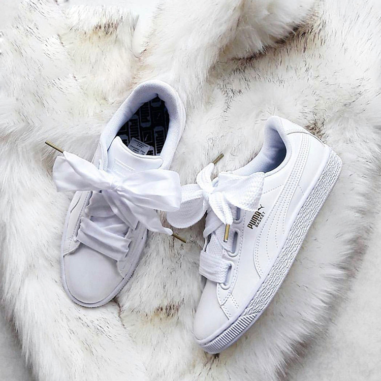 puma彪马白色蝴蝶结丝带 纯白皮面女子板鞋休闲鞋小白鞋363073-02