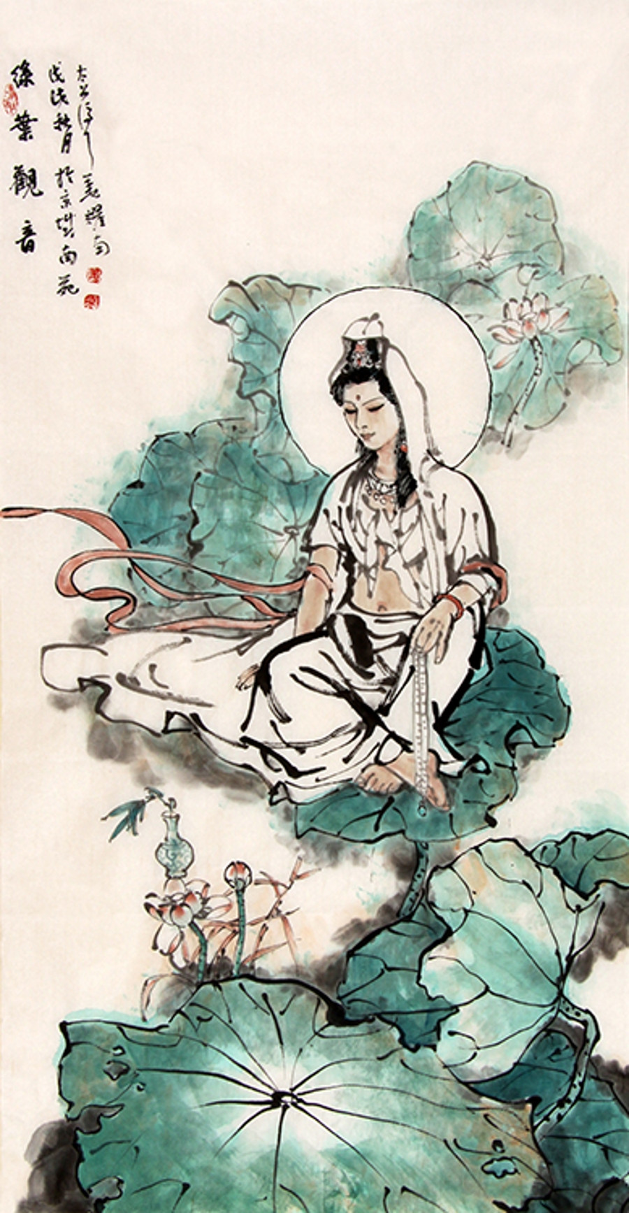 姜耀南《绿叶观音》/68x136cm/传统水墨