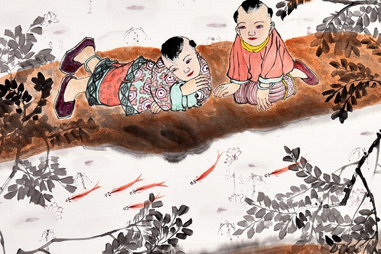 金惠华《观鱼图》中国工笔画协会会员 山东聊城大学教授/136cmx68cmcm