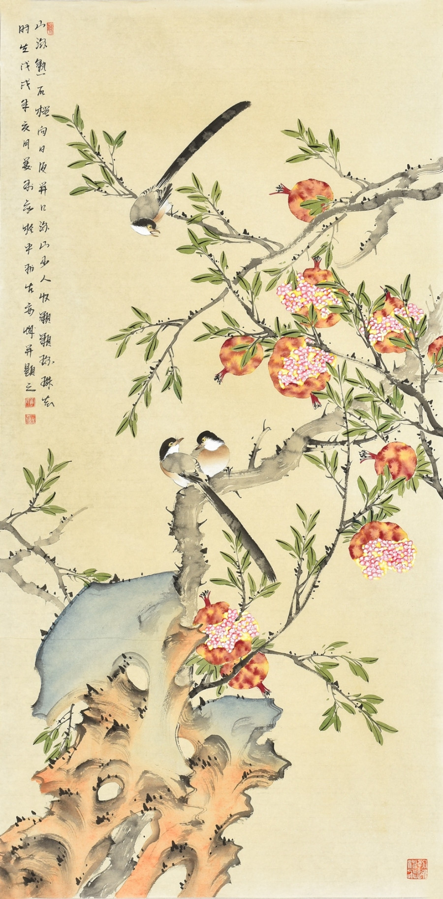 姜义利《山深熟石榴》/66x132cm/传统水墨