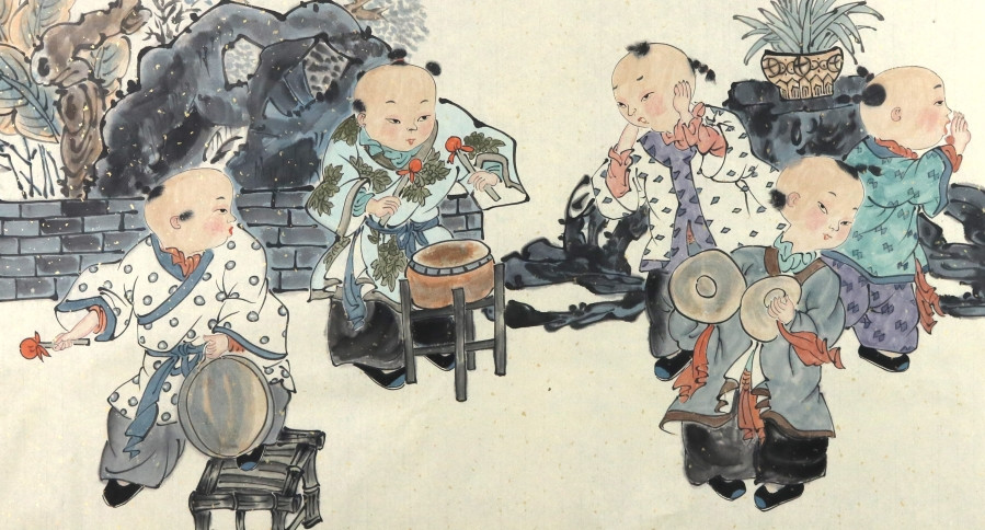 墨云《五子戏乐》/136x68cm/传统水墨