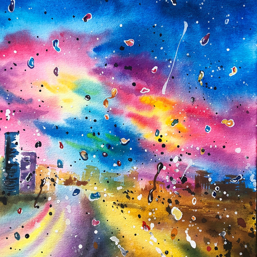 吴小慧《雨中夜城》/30x24cm/水彩