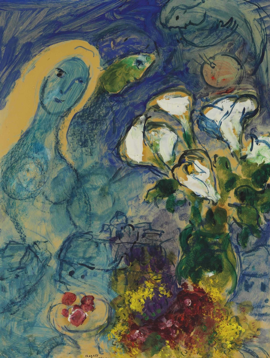 夏加尔《花瓶与女人》已装裱/60x40cm/水印/世界博物馆版画