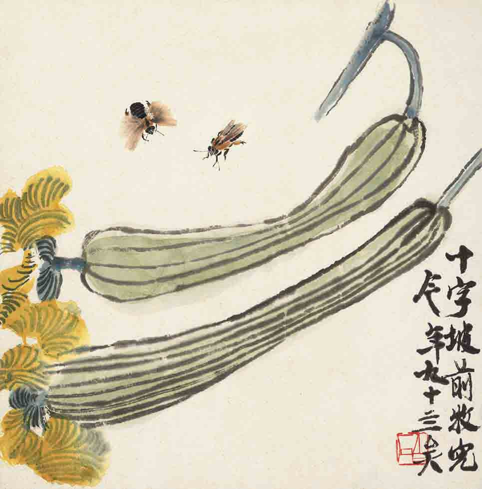 古画复刻 | 中国近现代绘画大师 齐白石《蜜蜂丝瓜图》实木框装裱 50